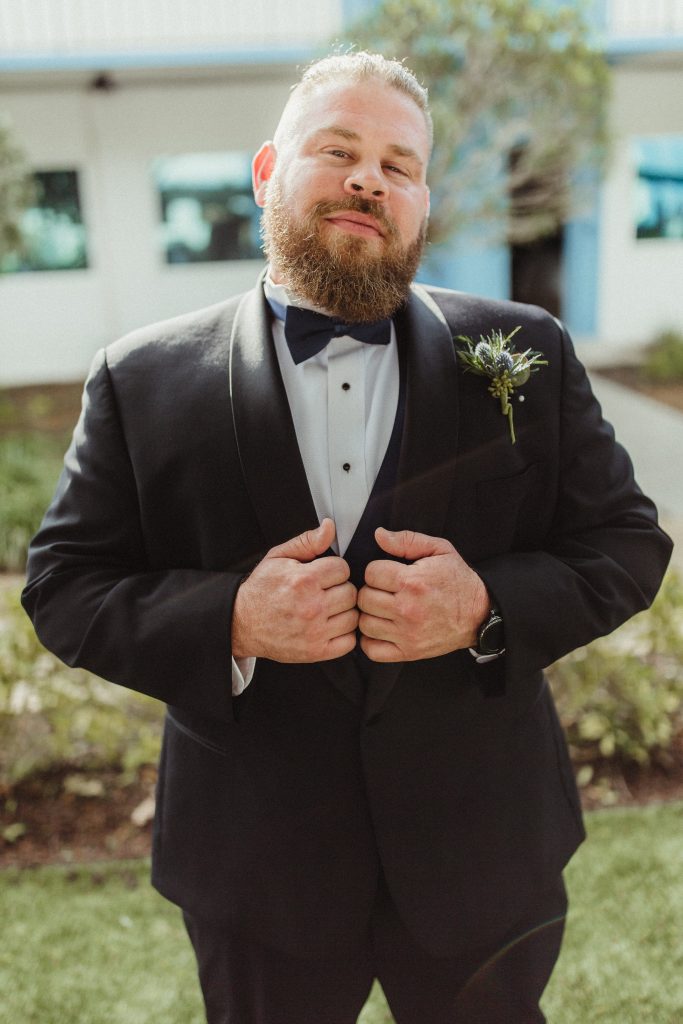 Boutonniere with thistle and eucalyptus.