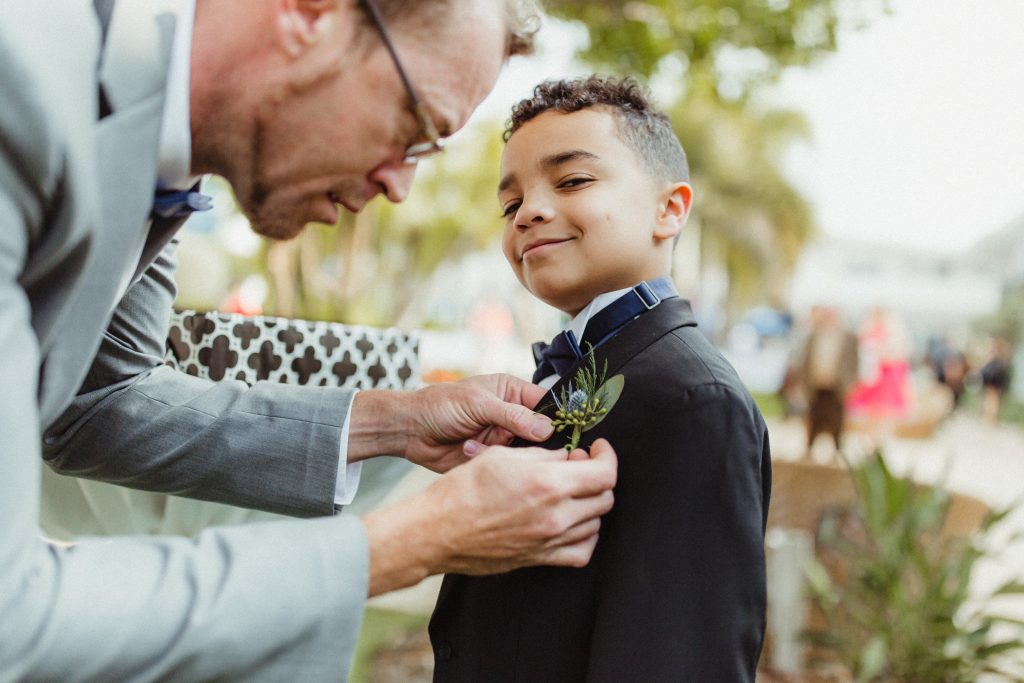 Boutonniere of thistle and eucalyptus for ringbearer.