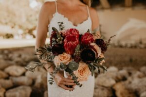 Dark and moody organic bridal bouquet with Protea in St. Petersburg, Florida.