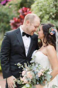 Pink and blue bridal hair flowers in St. Petersburg, Florida.