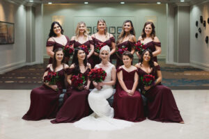 Dark and moody merlot bridal and bridesmaid bouquets.