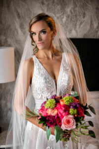 Colorful pink and lime green bridal bouquet in St. Petersburg, Florida.