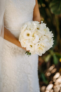 Classic boutique all white bridal bouquet with Peony and Ranunculus in St. Petersburg, Florida.