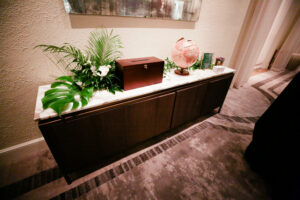 Modern and tropical sign in table at wedding reception in Vinoy Grand Ballroom in St. Petersburg, Florida.