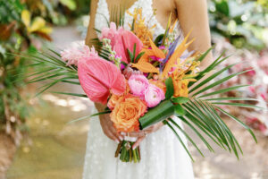 Bright and colorful tropical bouquet with Bird of Paradise and Anthurium in St. Petersburg, Florida.