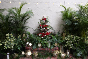 Enchanted garden wedding ceremony with red flowers and gold lanterns at Museum of Fine Arts in St. Petersburg, Florida.