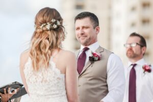 Raspberry and pink groom's boutonniere in Tampa, Florida.